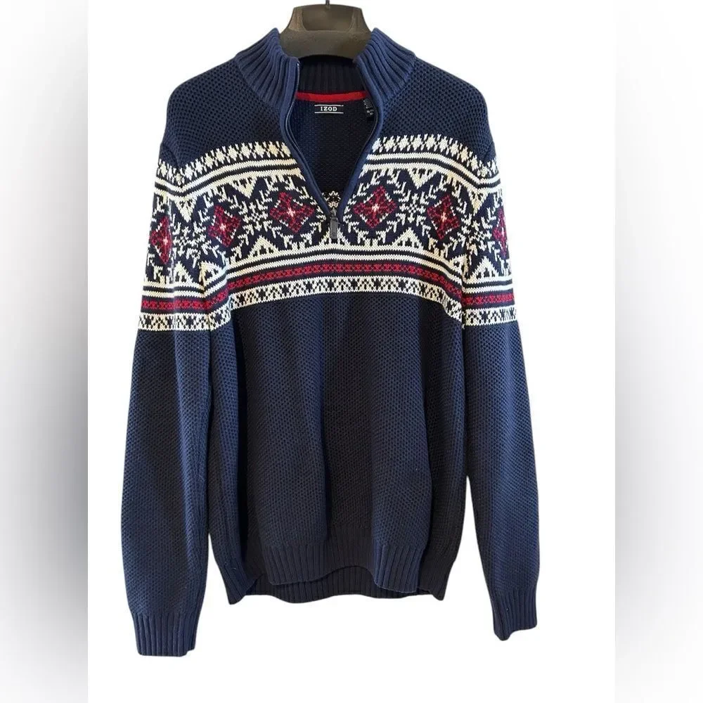 IZOD Navy Blue Fair Isle 1/4 Zip Classic Pullover Sweater XL